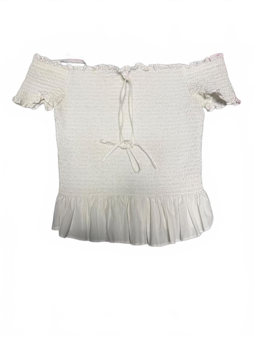 Rebecca Taylor White Smocked Off-Shoulder Top with Ruffle